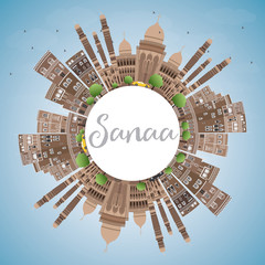 Sanaa (Yemen) Skyline with Brown Buildings and Copy Space.
