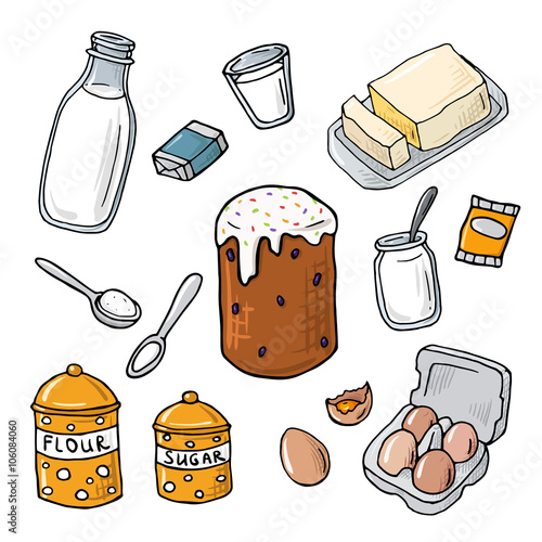 "Easter cake ingredient. Set of vector elements milk, flour, eggs