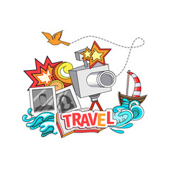Cartoon style. Voyage and travel. Ship with sun and the sea. Vacation vector illustration
