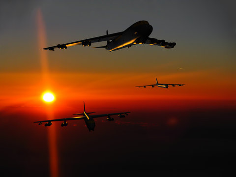 A fleet of jet bombers at sunset/sunrise. (Artist's impression)