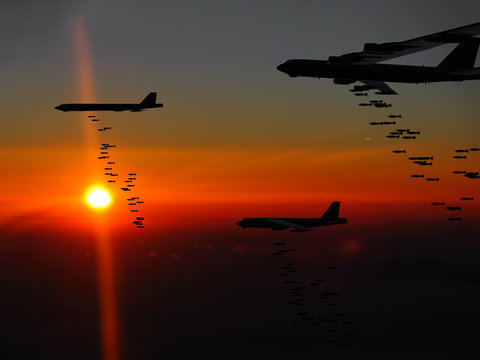 Vietnam War Era jet bombers B-52s unlodaing their payload of dumb bombs at sunset. (Artist's impression)