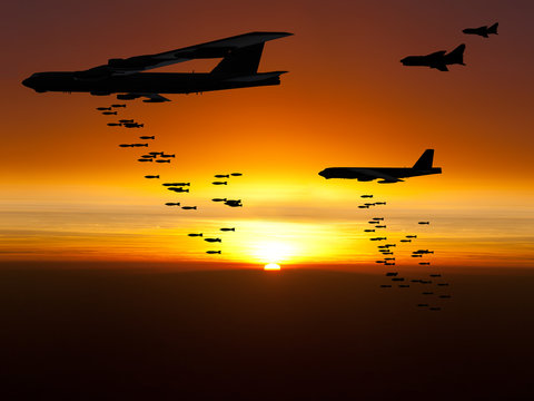 Vietnam War Era bombers dropping bombs with jet fighter aircraft escorting them at sunset. (Artist's impression)