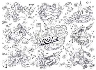 Poster Im Rahmen Cartoon vector illustration of space. Moon, planet, rocket, earth, cosmonaut, comet, universe. Classification, milky way. Hand drawn. Abstract © lubashka