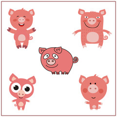 Pig set. Collection isolated pigs on white background. Cartoon pig.