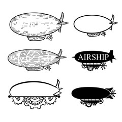 Vector  airship with a place for the text.  Black silhouette dirigible template labels  © samuii