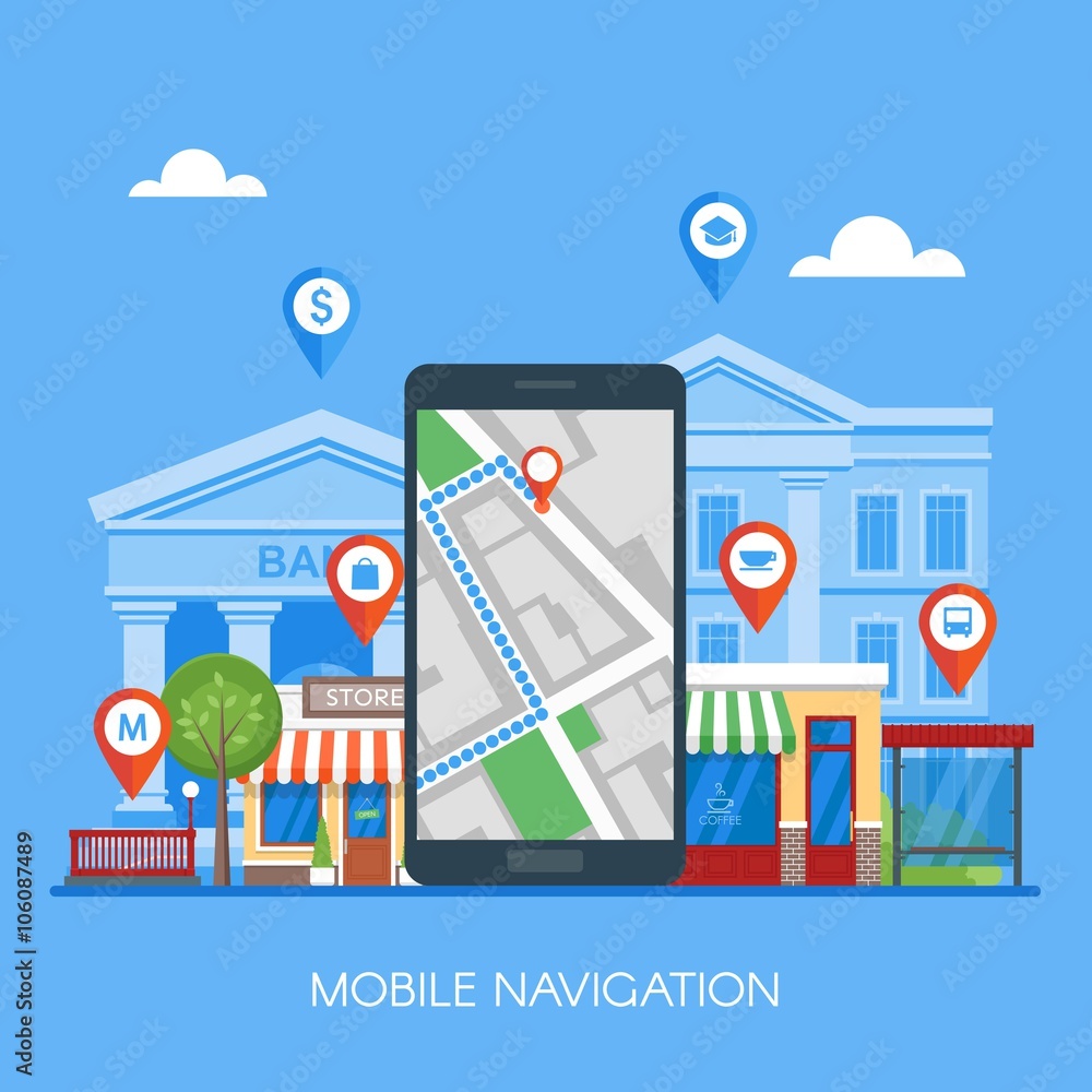 Poster mobile navigation concept vector illustration. smartphone with gps city map on screen and route.