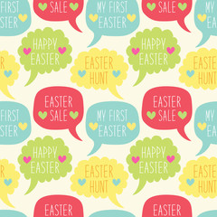 Cute hand drawn seamless Easter background with speech bubbles and hand written text Happy Easter, Easter Sale, My First Easter and Easter Hunt