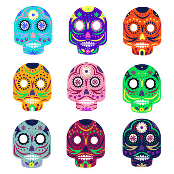 Mexican day of the dead concept vector illustration. Muerte festival. Colorful set skulls isolated on white background