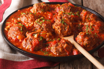 Meatballs with spicy tomato sauce on a dish close-up. horizontal

