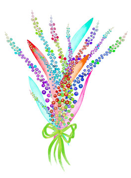 An illustration with a bouquet of the beautiful watercolor abstract variegated mimosa flowers and leaves, hand-drawn in a watercolor on a white background