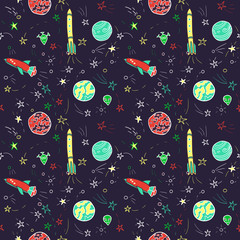 Naklejka premium vector seamless pattern with space rockets, planets and stars
