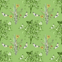 watercolor illustration, pattern, butterflies and flowers. To make the background, textiles