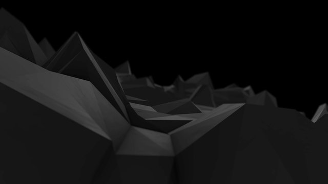 abstract dark 3d rendered geometric background with spikes and low contrast texture, surface is devided into random sized triangles