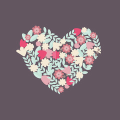 Valentine card with flowers in heart shape. Colorful flower wreath on blue background perfect for wedding invitation, label, tag, print, cloth, logo