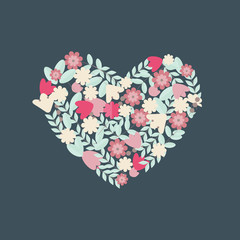 Valentine card with flowers in heart shape. Colorful flower wreath on blue background perfect for wedding invitation, label, tag, print, cloth, logo