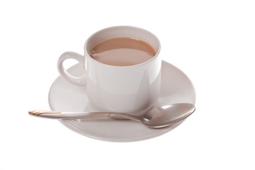 cup of coffee with spoon and hand on white background