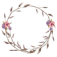 spring wreath. A wreath of spring branches, flowers in pastel, watercolor drawing. For design, printing, postcards, invitations, etc