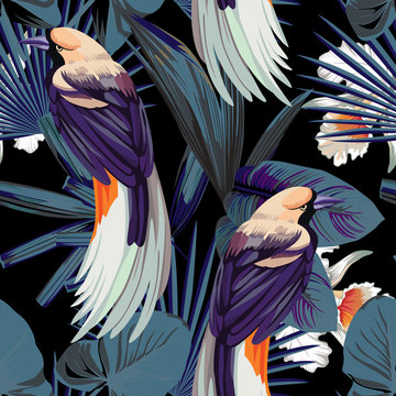 birds, orchids and night jungle seamless background