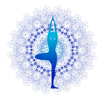 recommend clip art: Yoga Fitness, yoga logo, fitness and sport club, vector logo template. Yoga pose designed against blue mandala with floral ornament. Eco Nature lifestyle.