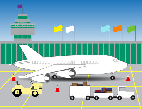 illustration of an airport with a picture of the plane on landin
