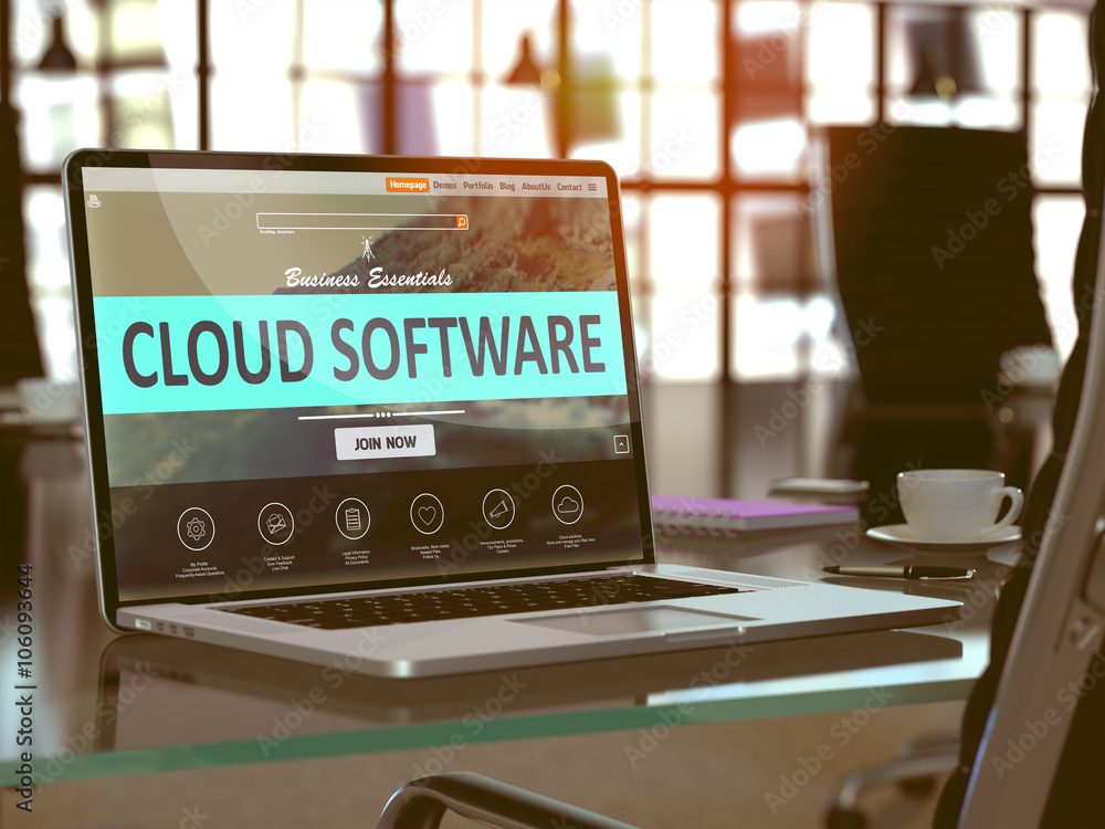 Poster cloud software concept closeup on laptop screen in modern office workplace. toned image with selecti