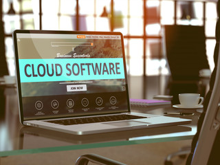 Cloud Software Concept Closeup on Laptop Screen in Modern Office Workplace. Toned Image with Selective Focus. 3D Render.