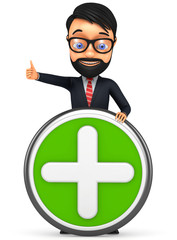 3d businessman holding a plus