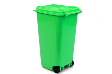 Green Plastic Waste Container Or Wheelie Bin, Isolated On White