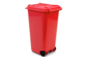 Red Plastic Waste Container Or Wheelie Bin, Isolated On White