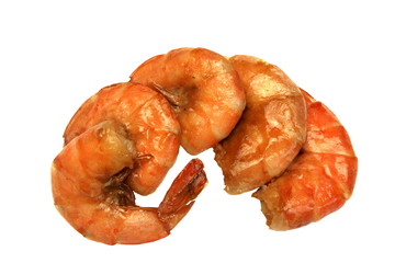 Four Big King Size Grilled Shrimps On White Isolated Background