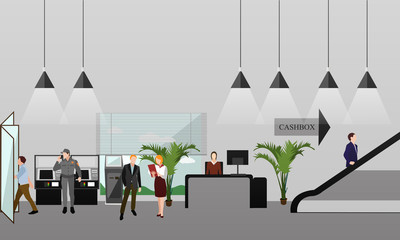 Obraz premium Horizontal vector banner with bank interiors. Finance and money concept. Flat cartoon illustration. 