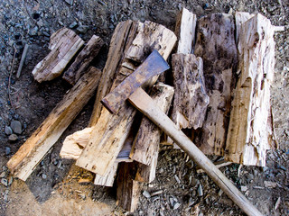 Cut logs firewood and old axe