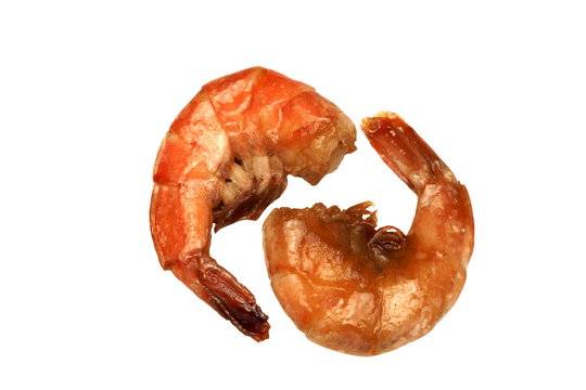 Two Big King Size Grilled Shrimps On White Isolated Background