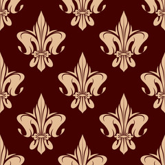 Fototapeta na wymiar Seamless royal french fleur-de-lis pattern in brown and beige colors with ornament of heraldic lily flowers. Heraldry background, interior or wallpaper themes usage