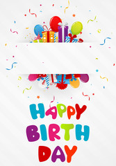 Birthday greeting card with gift box and confetti