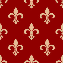 Ancient french floral royal seamless pattern with beige ornament of fleur-de-lis elements on red background. Vintage interior accessories or textile themes design © Vector Tradition