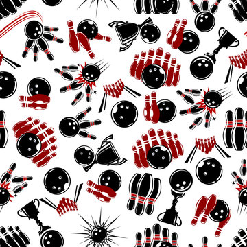 Seamless pattern of bowling balls and pins on lanes with explosion bubbles, motion trails, winner cups and trophies on white background. Sports and leisure theme design