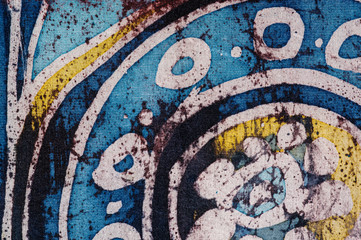 Flower in circle, hot batik, background texture, handmade on silk, abstract surrealism art