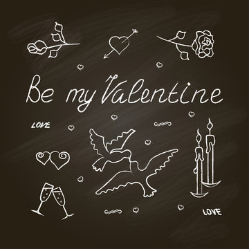 Symbol set for Valentine's Day with chalkboard effect. Vector illustration. eps10