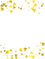 Gold glittering foil hearts vertical frame on white background, vector isolated design elements