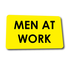 Icono plano MEN AT WORK en rectangulo amarillo con sombra