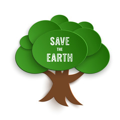 Save the Earth Stamp on Paper Cut Tree, Vector Eco Concept, motivation card for Earth day, isolated design element