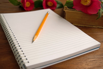 Old books with romantic pink flowers on wooden