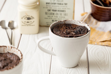 Chocolate Mug Cakes, Cupcakes on Light White Background