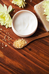 Beautiful spa composition on wooden table