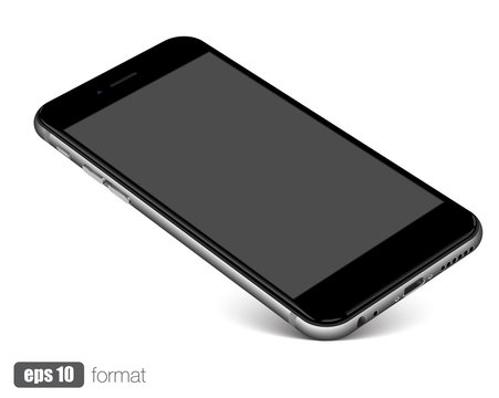 Smartphone with blank screen standing on corner, isolated on white background.