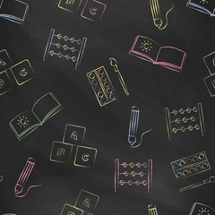 Fototapeta na wymiar Seamless pattern black chalk board with color children's chalk drawings. Hand-drawn style. Seamless vector wallpaper with the image of colors, brushes, album and other school items