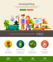 Camping, hiking website header banner with webdesign elements
