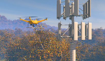 3D render of a UAV drone inspecting a cellular phone tower in a forested area. Fictitious UAV and wireless tower antenna array; overcast sky and motion blur for dramatic effect.