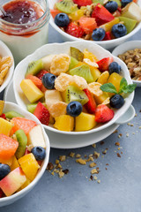 healthy breakfast with fresh fruit salad, vertical